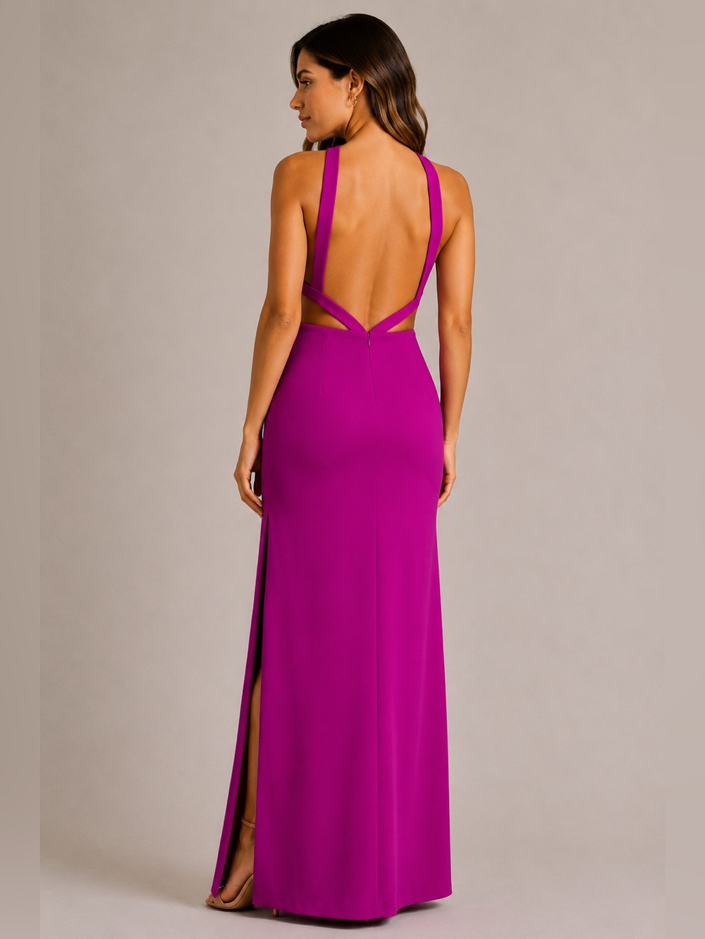 JAYGODFREY Designer Fuchsia Halter neck Backless Formal Maxi Gown - 8